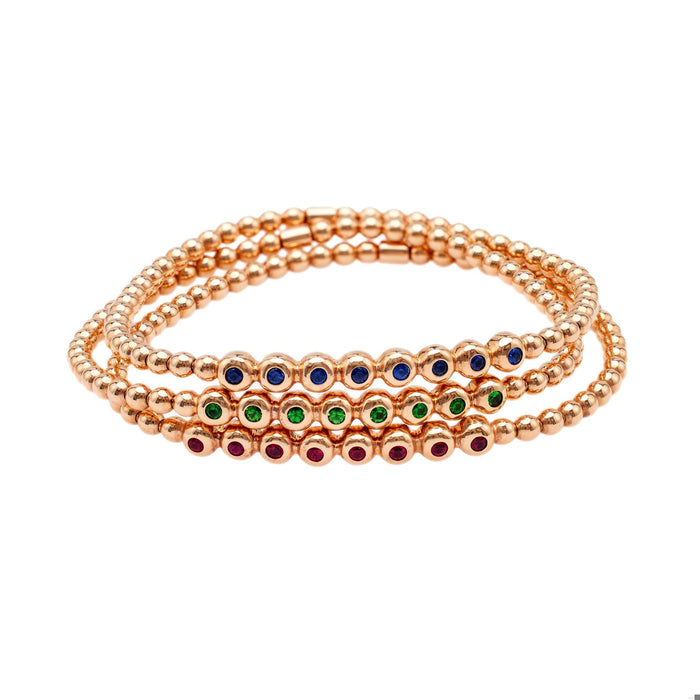 Ruby, Sapphire, and Tsavorite Garnet 18k Rose Gold Beaded Bracelet Stack