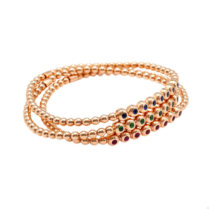 Ruby, Sapphire, and Tsavorite Garnet 18k Rose Gold Beaded Bracelet Stack