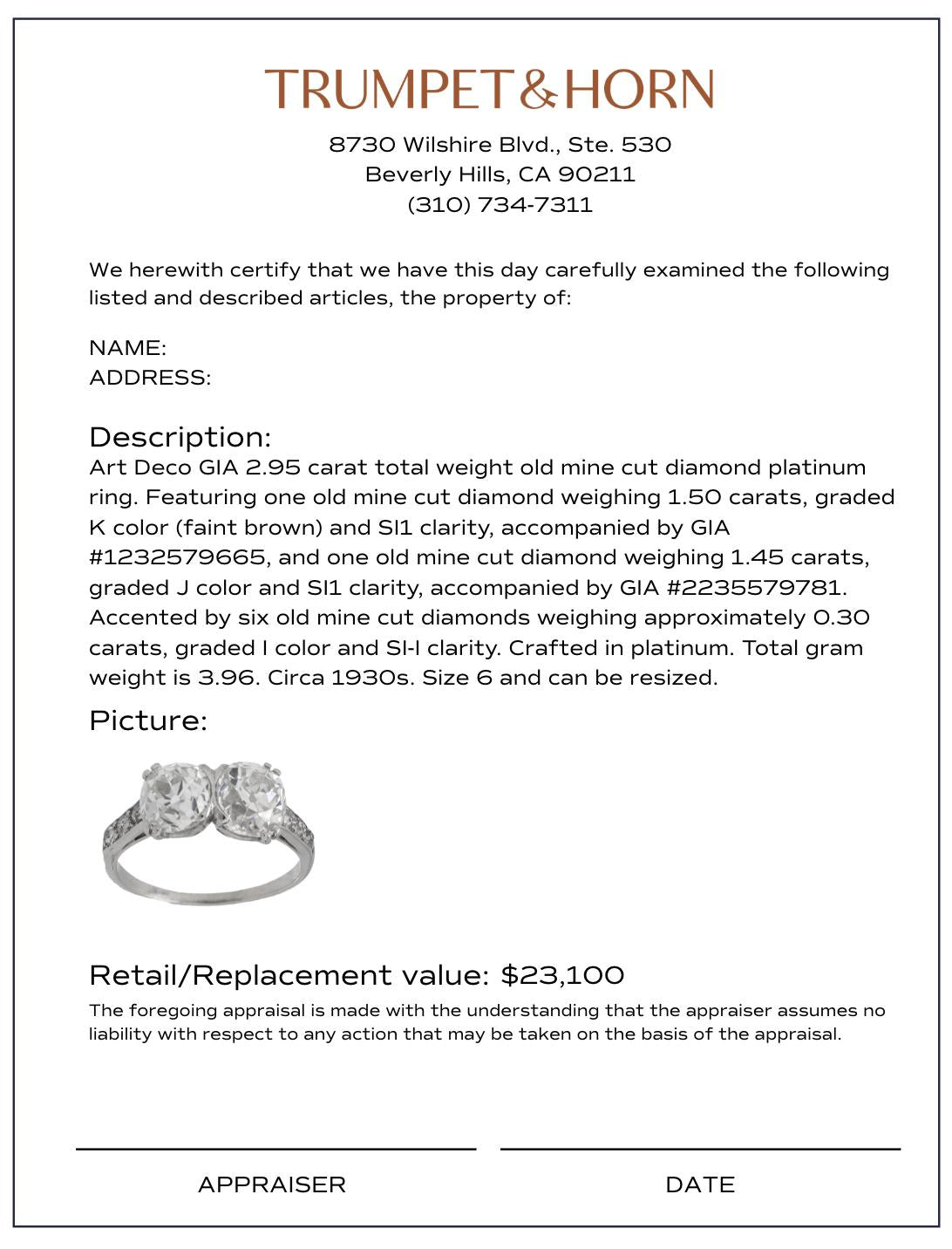 Art Deco GIA 2.95 carat old mine cut diamond platinum engagement ring