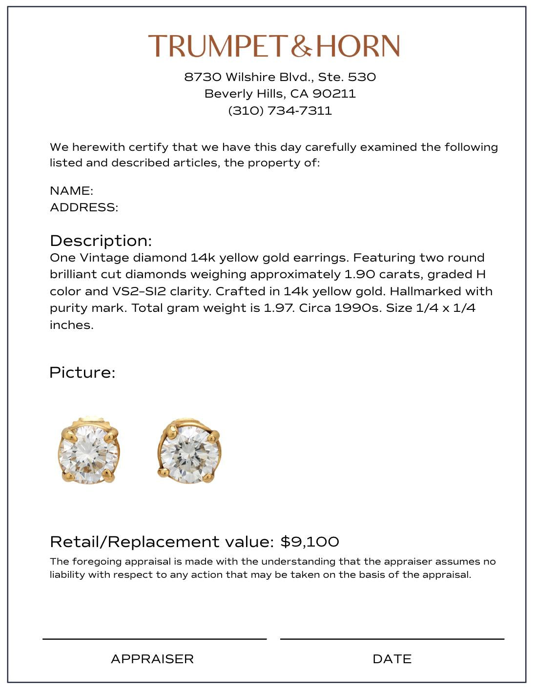 Vintage 1.90 carat diamond 14k yellow gold stud earrings