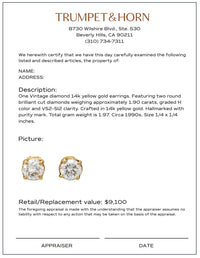 Vintage 1.90 carat diamond 14k yellow gold stud earrings