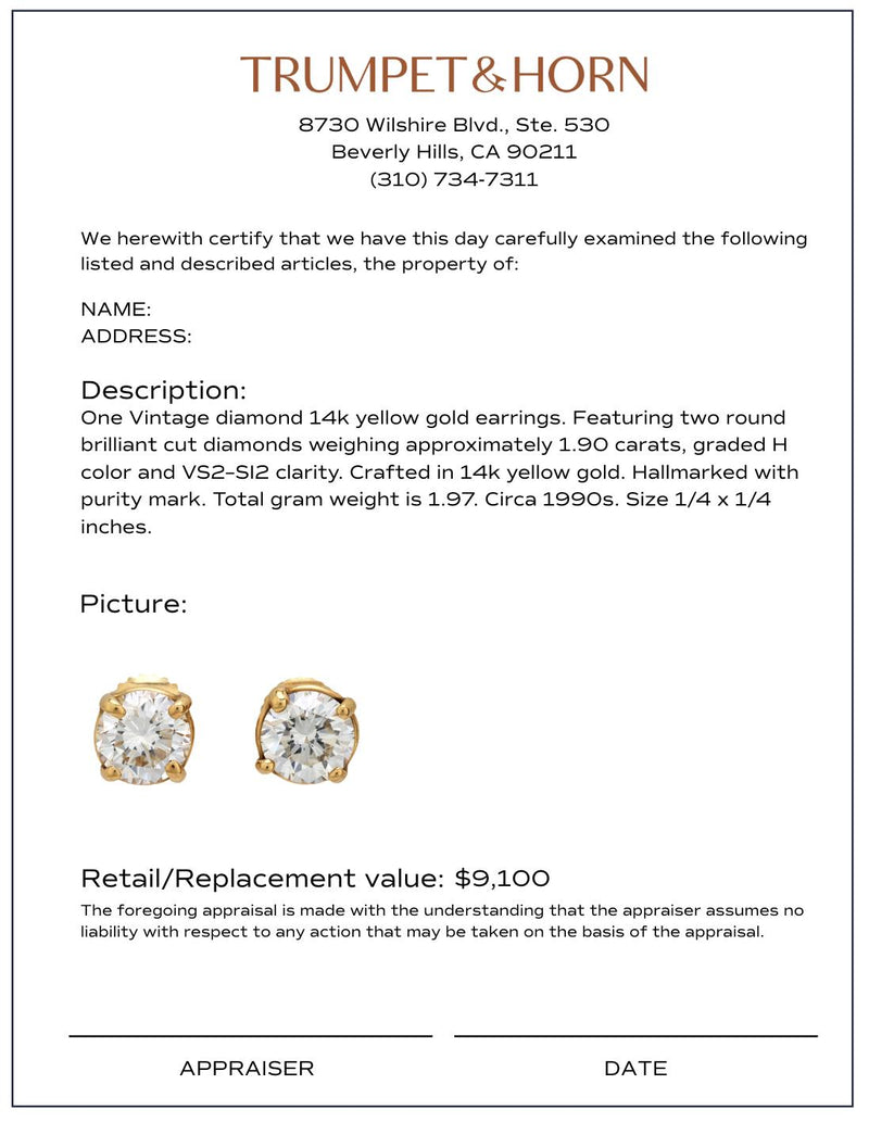 Vintage 1.90 carat diamond 14k yellow gold stud earrings