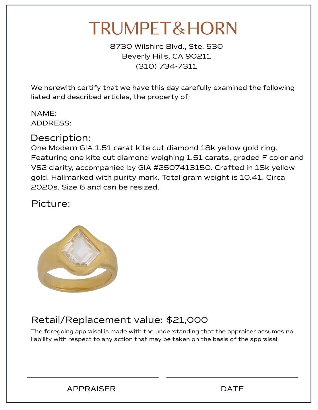 GIA 1.51 carat kite cut diamond 18k yellow gold ring