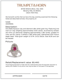 Belle Époque French ruby diamond 18k white gold navette ring