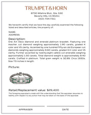 Art Deco 10 carat total weight diamond emerald platinum bracelet
