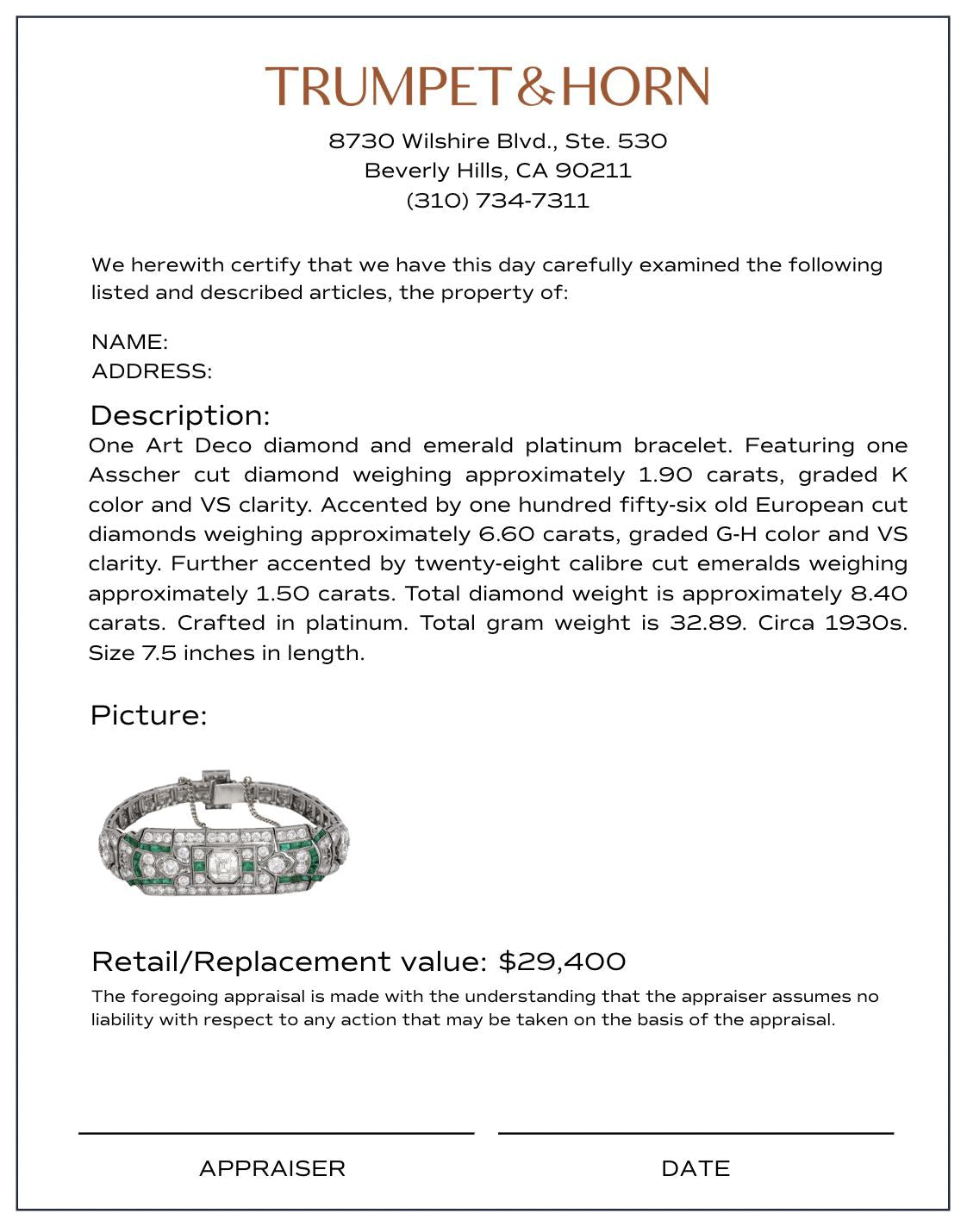 Art Deco 10 carat total weight diamond emerald platinum bracelet