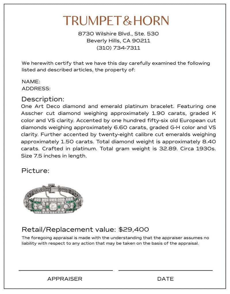 Art Deco 10 carat total weight diamond emerald platinum bracelet