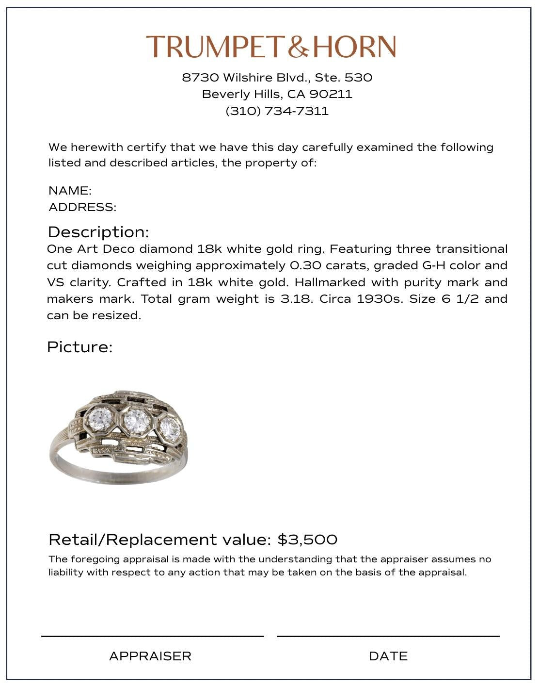 Art Deco diamond 18k white gold 3 stone ring
