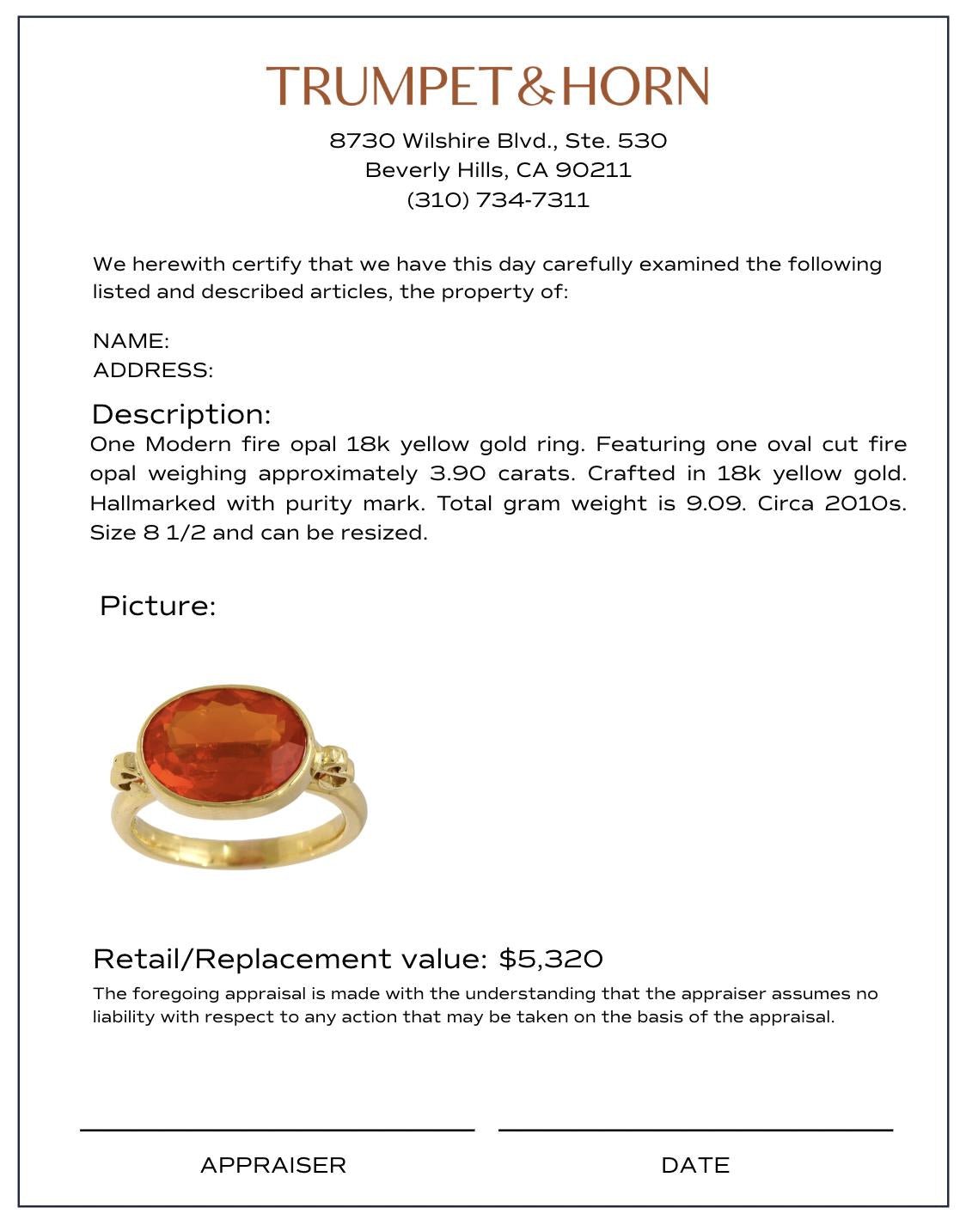 Modern 3.90 carat fire opal 18k yellow gold east-west bezel ring