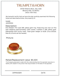 Modern 3.90 carat fire opal 18k yellow gold east-west bezel ring