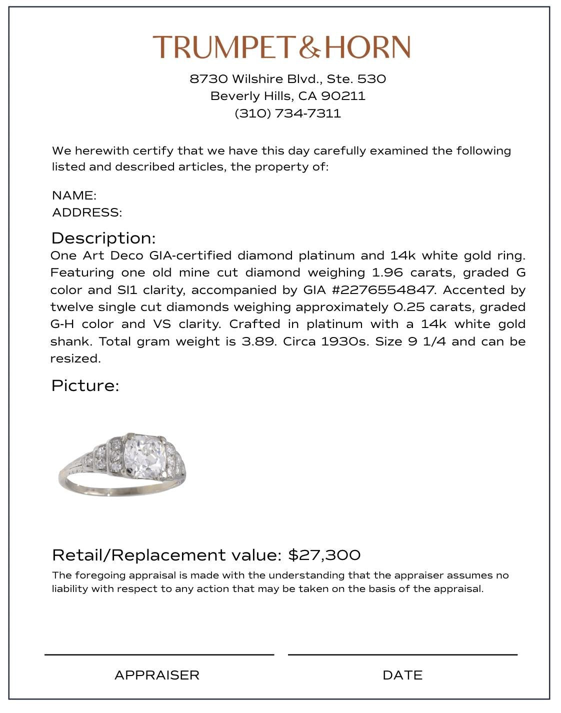 Art Deco GIA 1.96 carat diamond platinum engagement ring