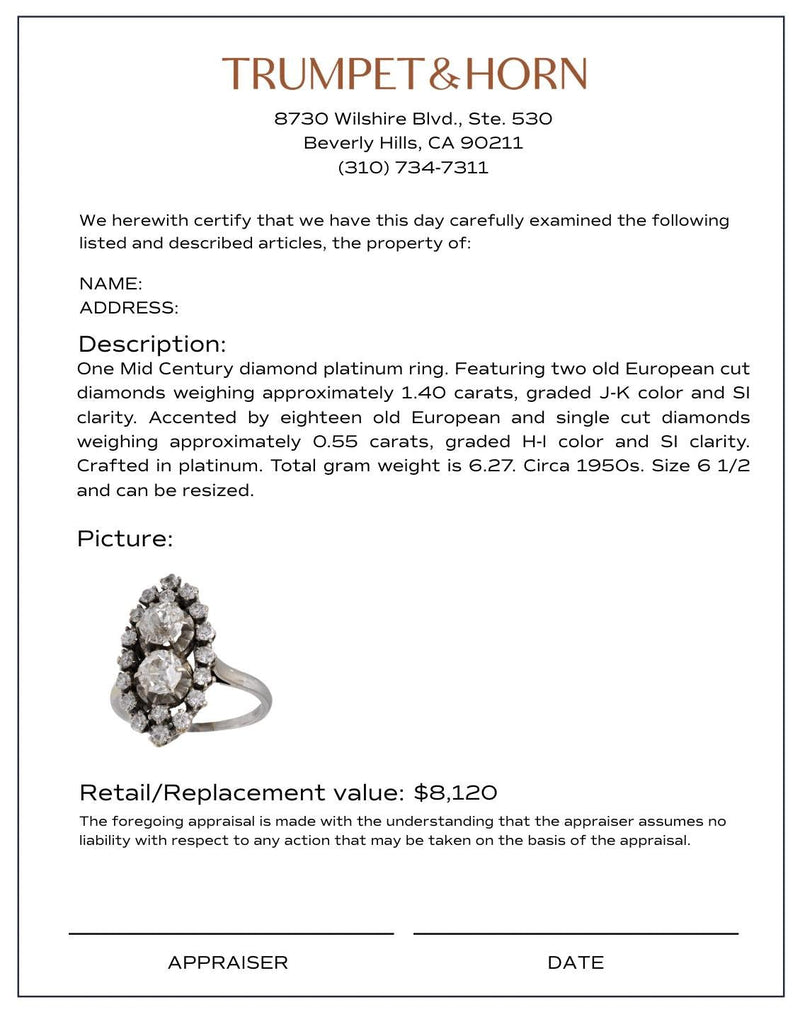 Mid Century diamond platinum navette ring
