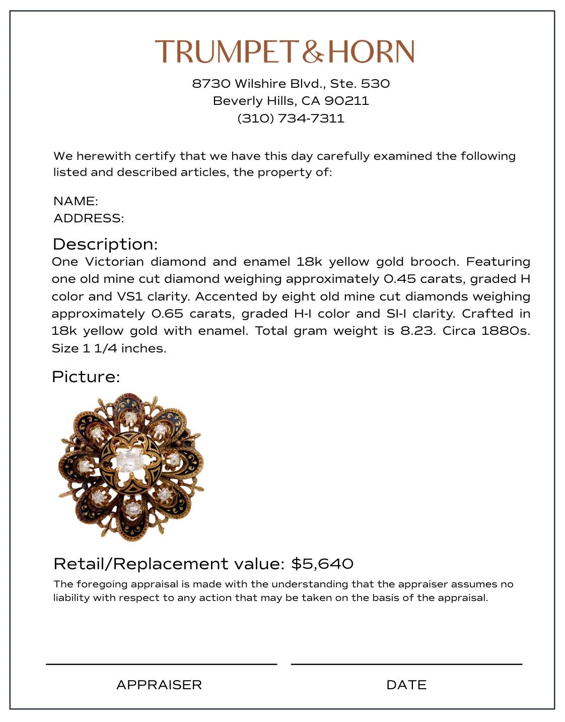 Victorian diamond 18k yellow gold and enamel brooch