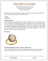 Vintage GIA 3.13 carat diamond 14k yellow gold cluster ring