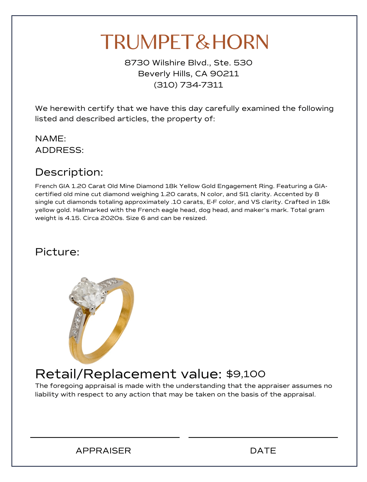 French GIA 1.20 carat old mine diamond 18k yellow gold engagement ring