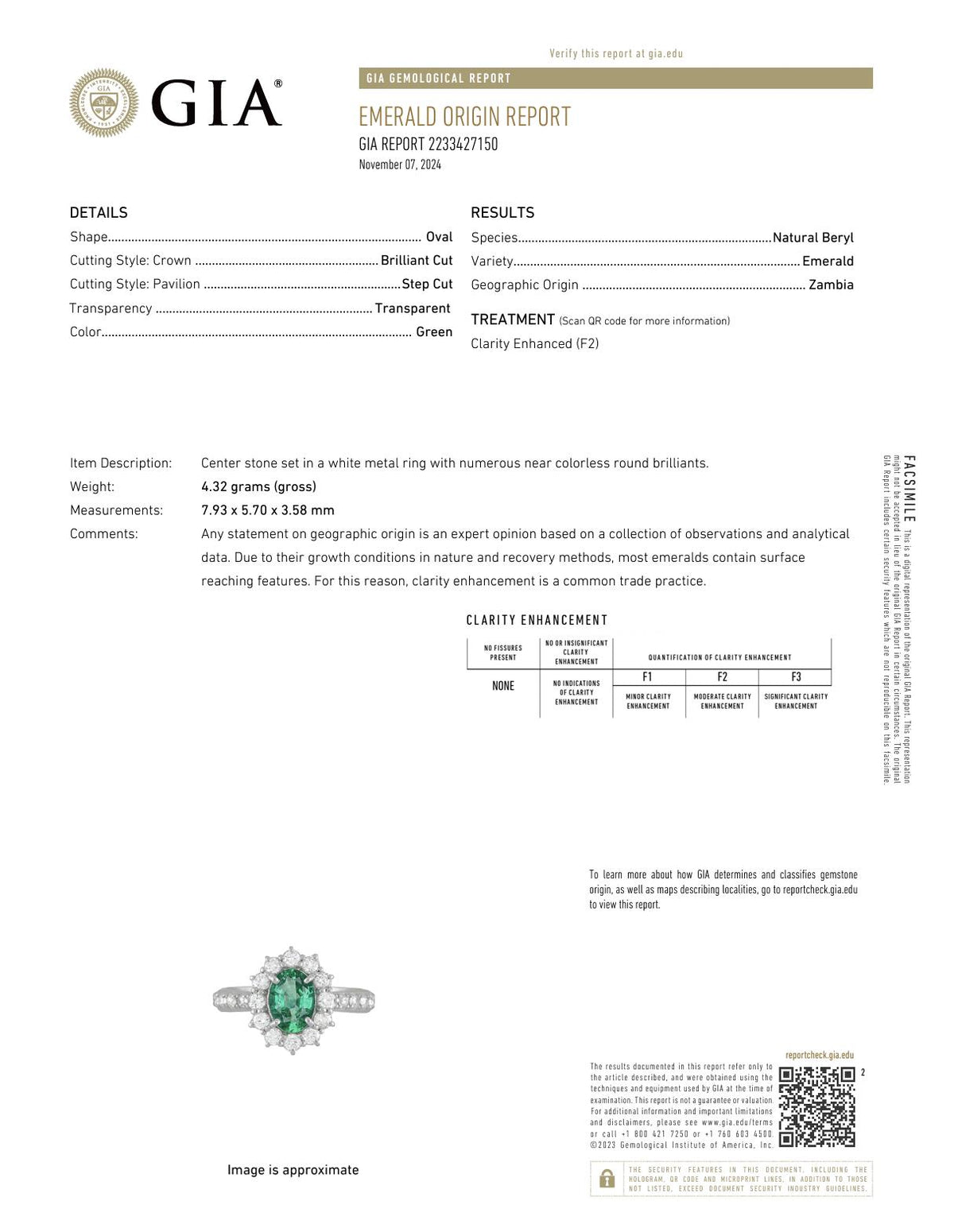 GIA 1 carat oval cut emerald diamond 18k white gold cluster ring