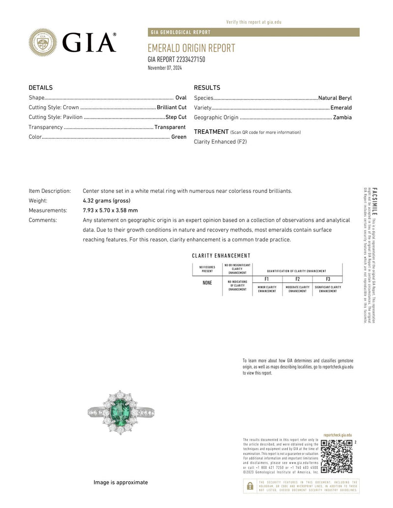 GIA 1 carat oval cut emerald diamond 18k white gold cluster ring