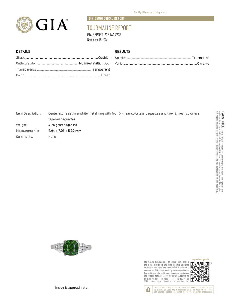 Art Deco style GIA 1.63 carat green tourmaline diamond platinum ring