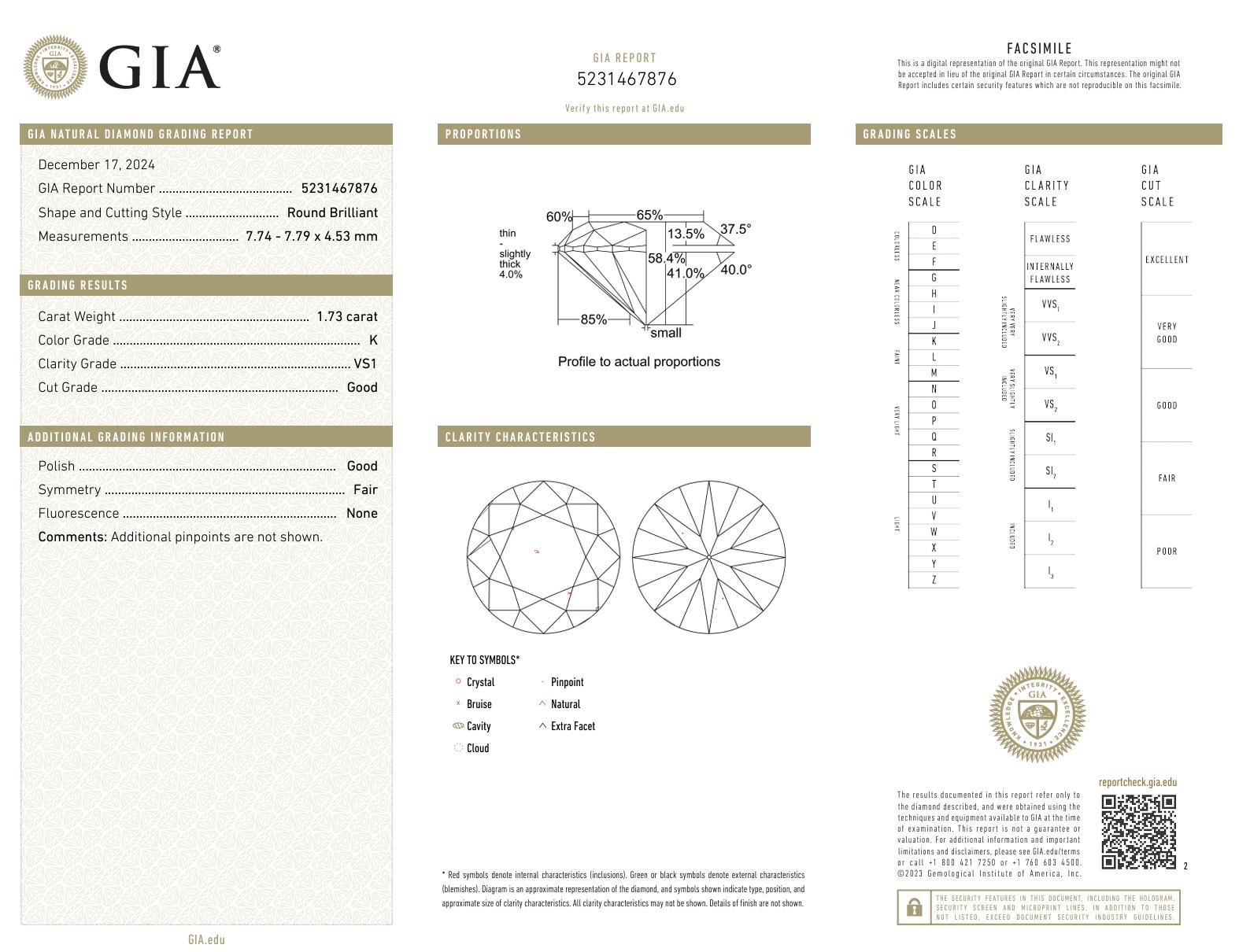 GIA 1.73 carat round brilliant cut diamond 18k yellow gold engagement ring
