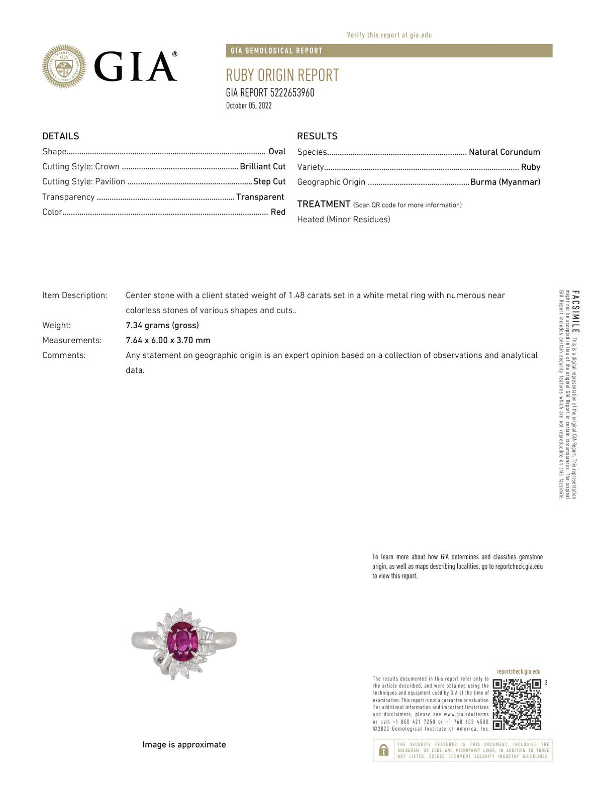 GIA 1.40 carat oval cut Burma ruby diamond platinum cluster ring