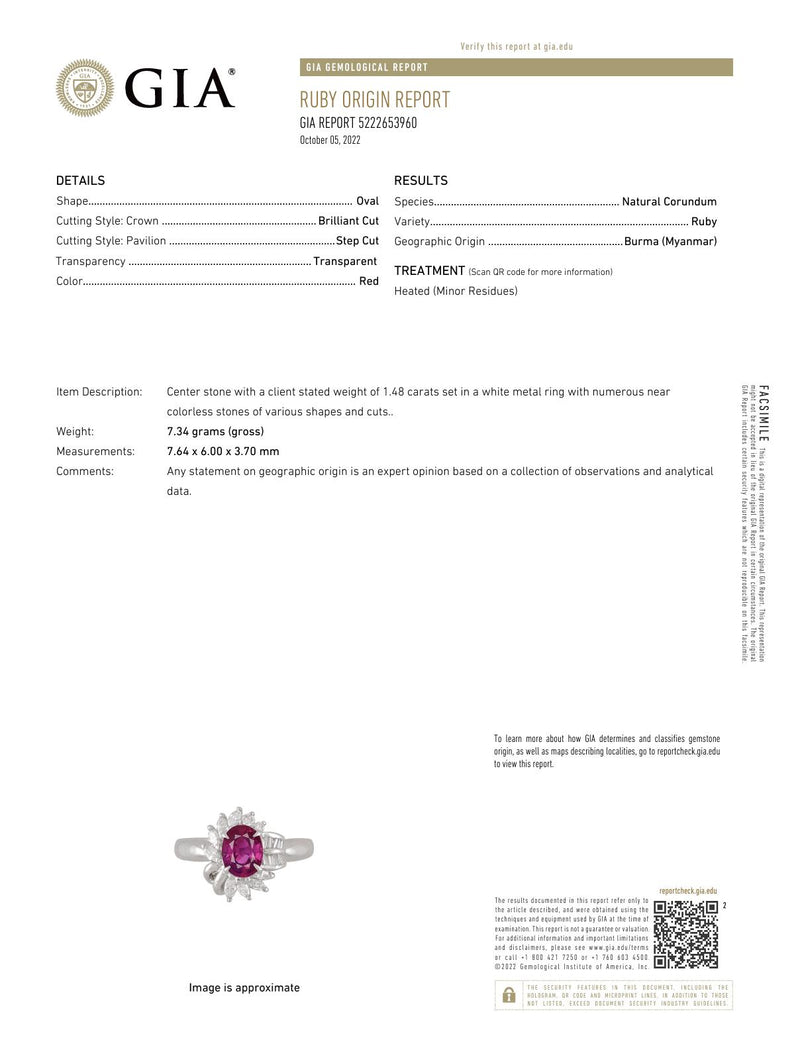 GIA 1.40 carat oval cut Burma ruby diamond platinum cluster ring