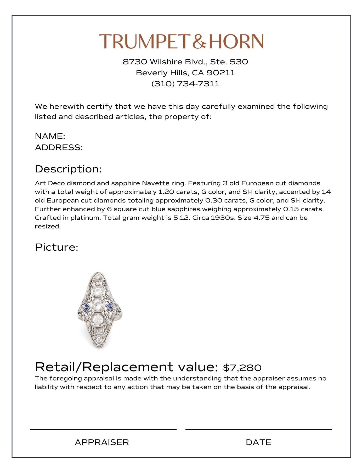 Art Deco 1.5 carat total weight diamond sapphire platinum Navette ring