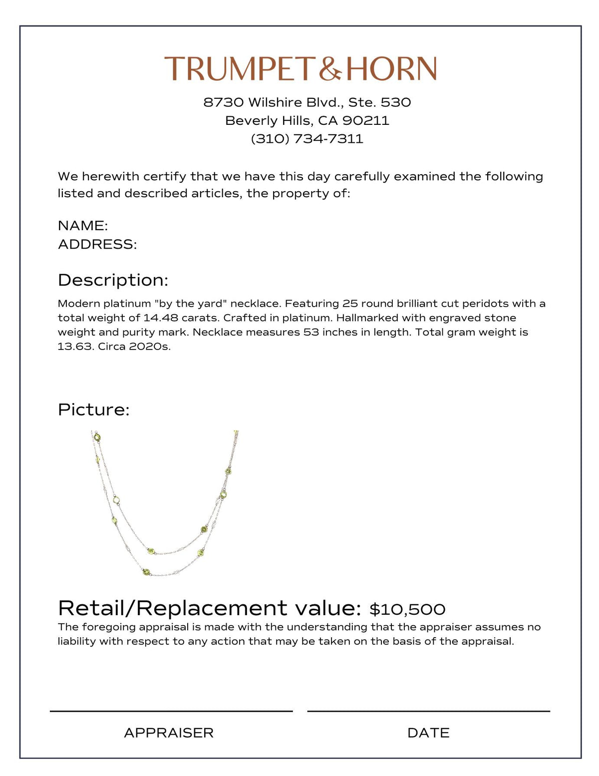 Modern 14.48 carat peridot platinum by the yard necklace