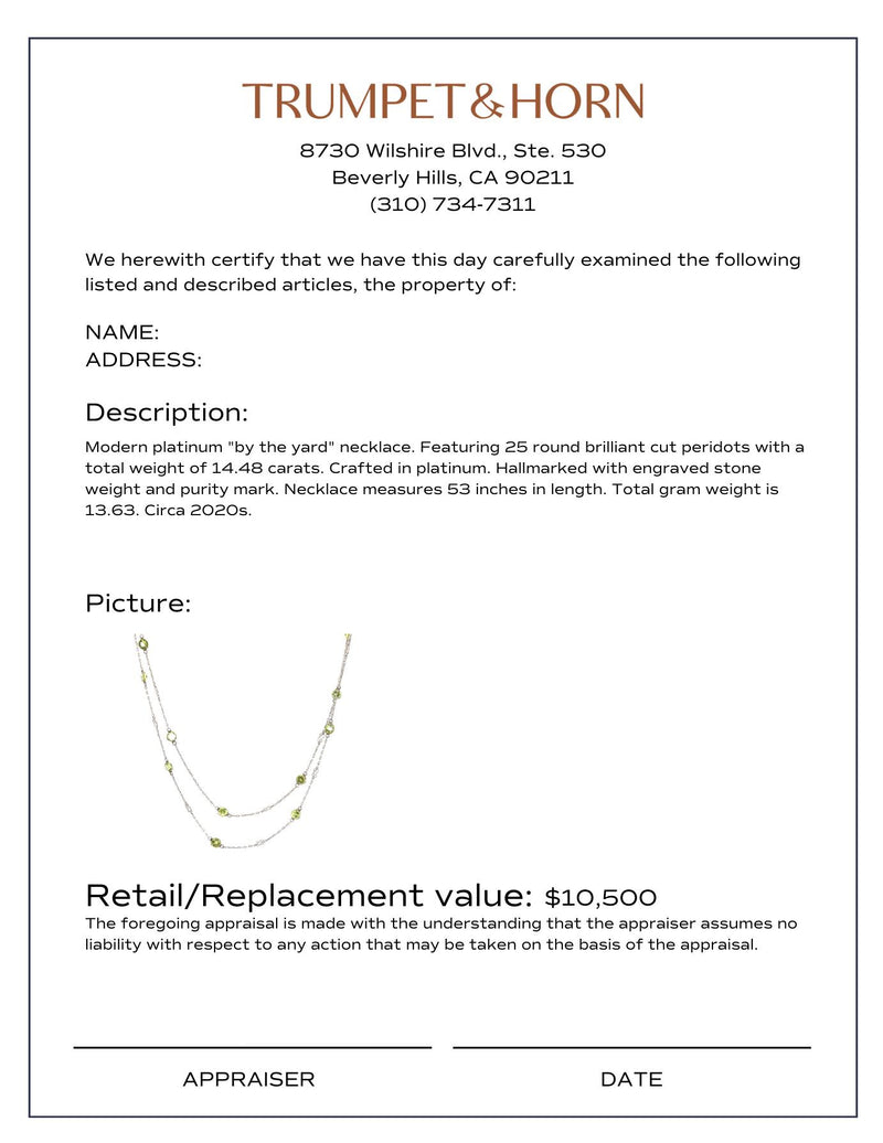 Modern 14.48 carat peridot platinum by the yard necklace