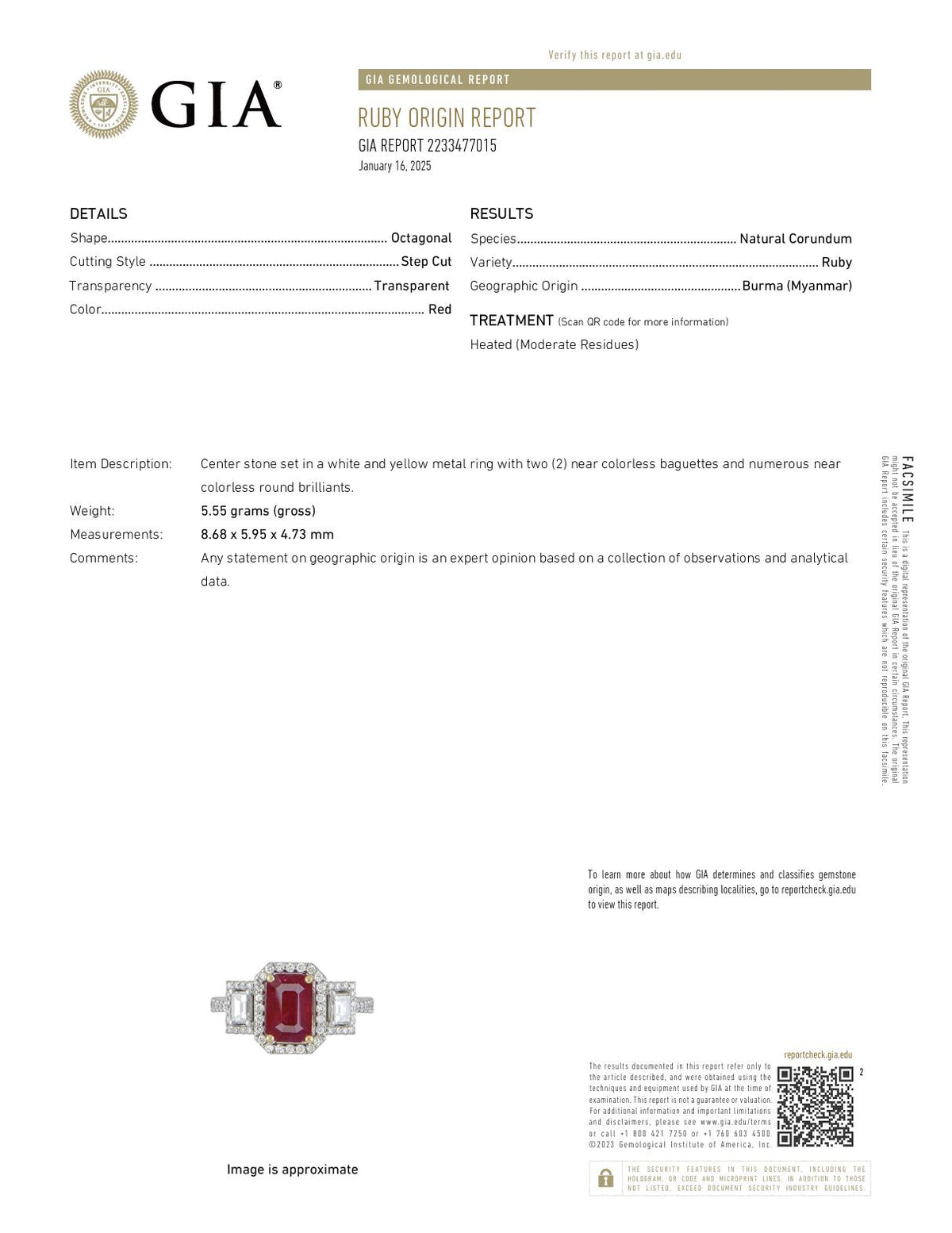 French GIA 2.50 carat Burma ruby diamond 18k white gold ring