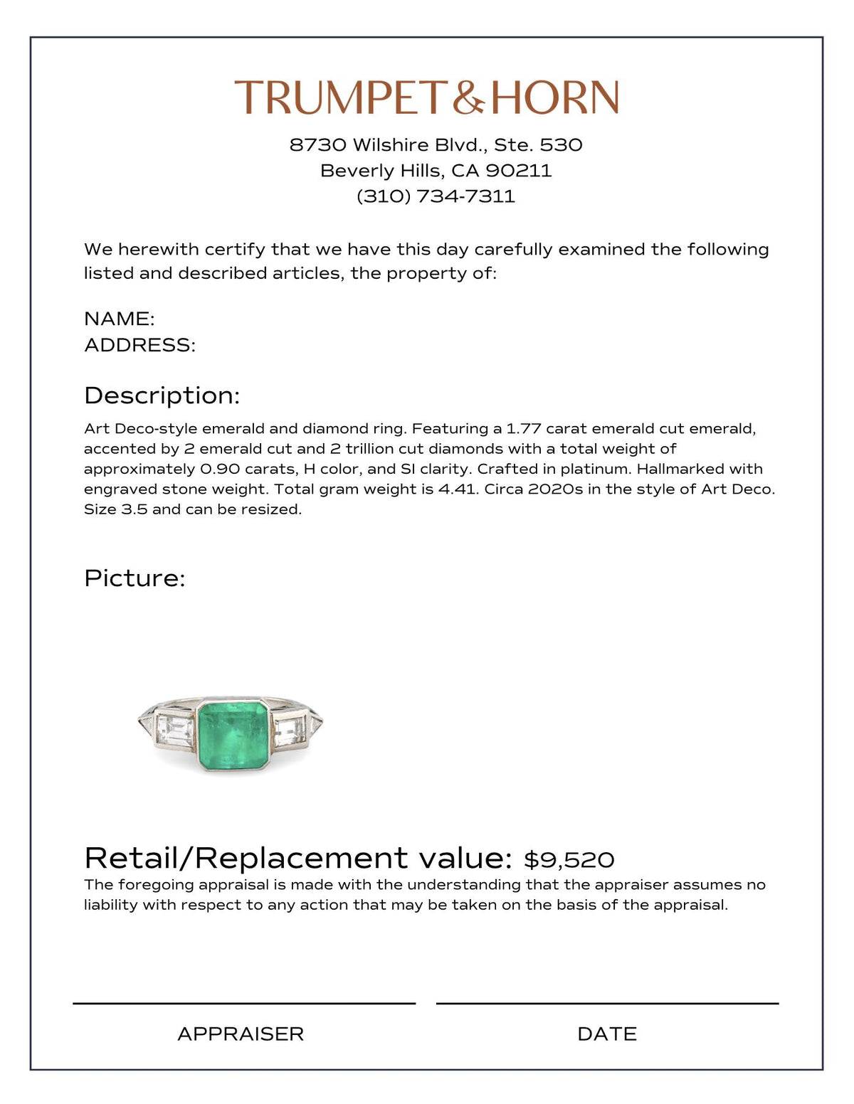 Art Deco style 1.77 carat emerald diamond platinum ring