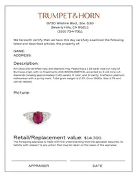 Art Deco GIA 1.19 carat Burma no heat ruby diamond platinum ring