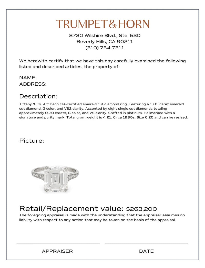 Tiffany & Co. Art Deco GIA 5.03 carat diamond platinum engagement ring