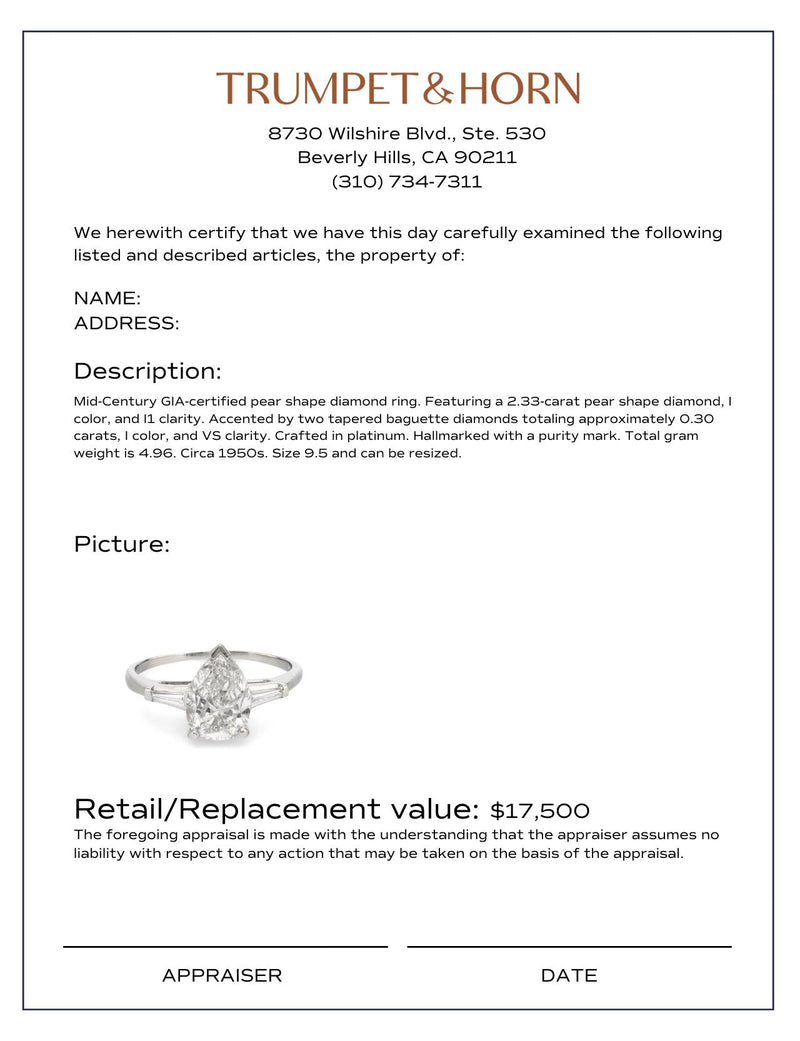 GIA 2.33 carat pear shape diamond platinum engagement ring