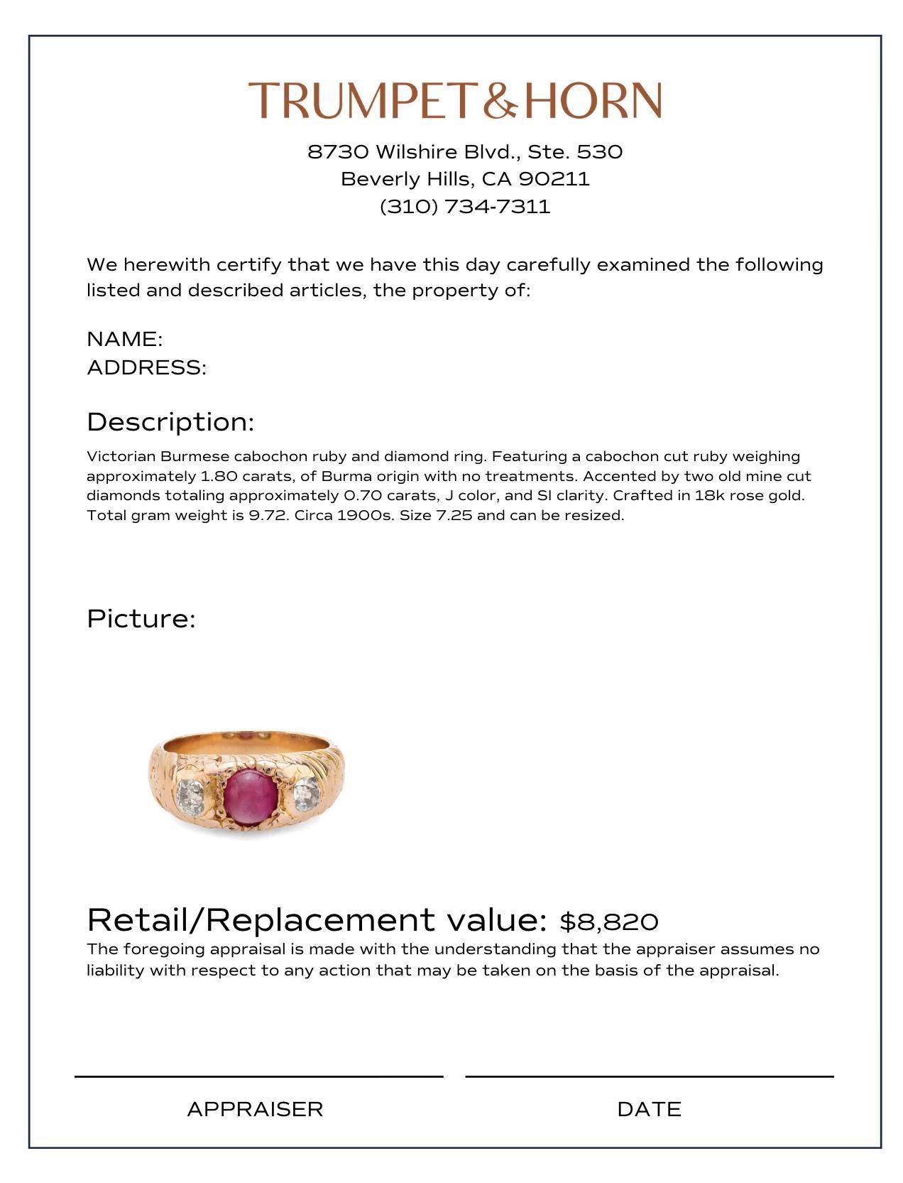 Victorian CGL 1.60 carat Burma no heat ruby diamond 18k rose gold band