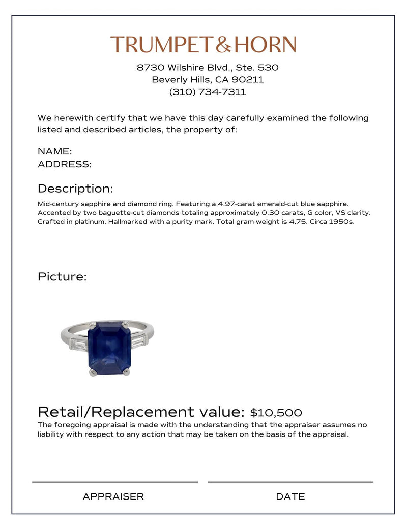 Mid Century 4.97 carat sapphire diamond platinum ring