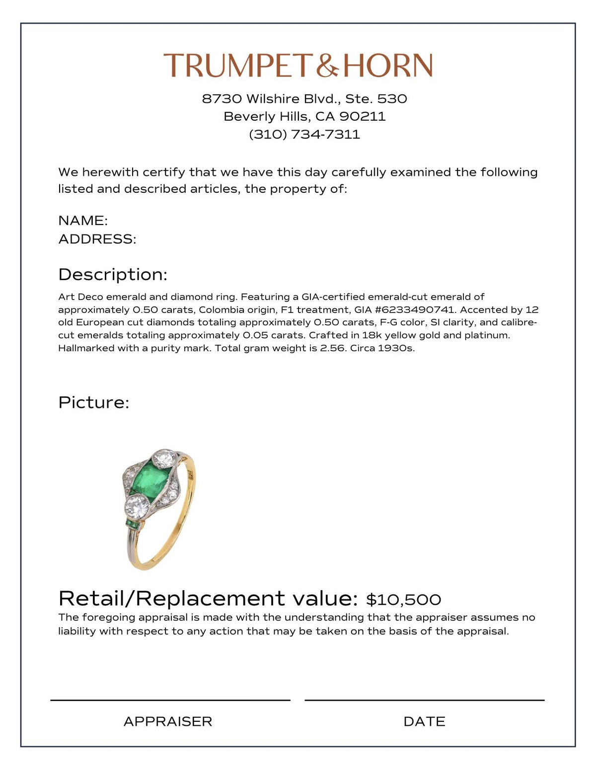 Art Deco GIA emerald diamond 18k yellow gold and platinum ring