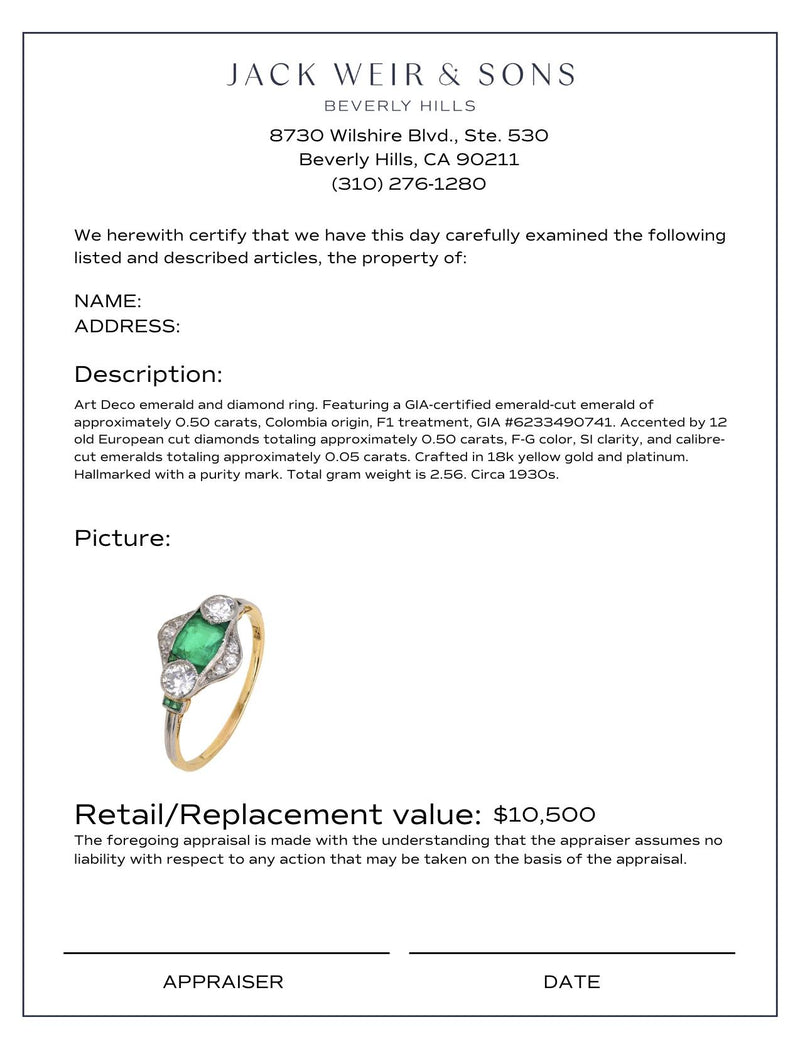 Art Deco GIA emerald diamond 18k yellow gold and platinum ring