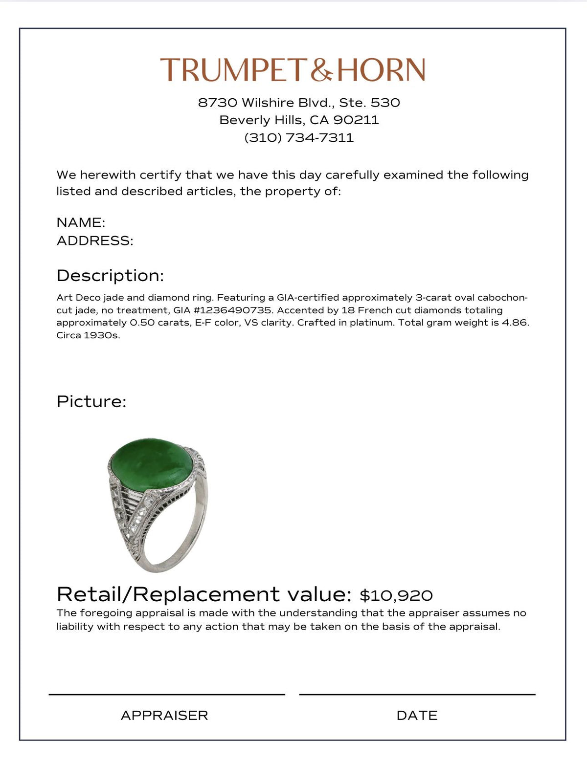 Art Deco GIA 3 carat jade French cut diamond platinum ring