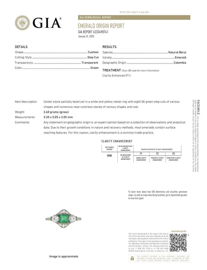 Art Deco GIA emerald diamond 18k yellow gold and platinum ring