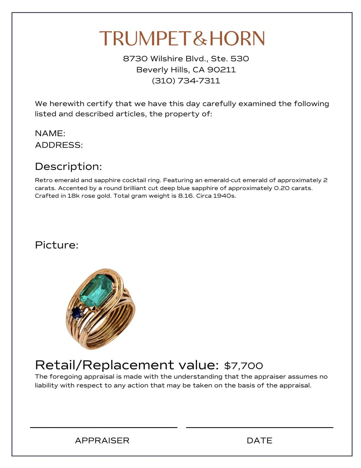 Retro emerald sapphire 18k rose gold cocktail ring