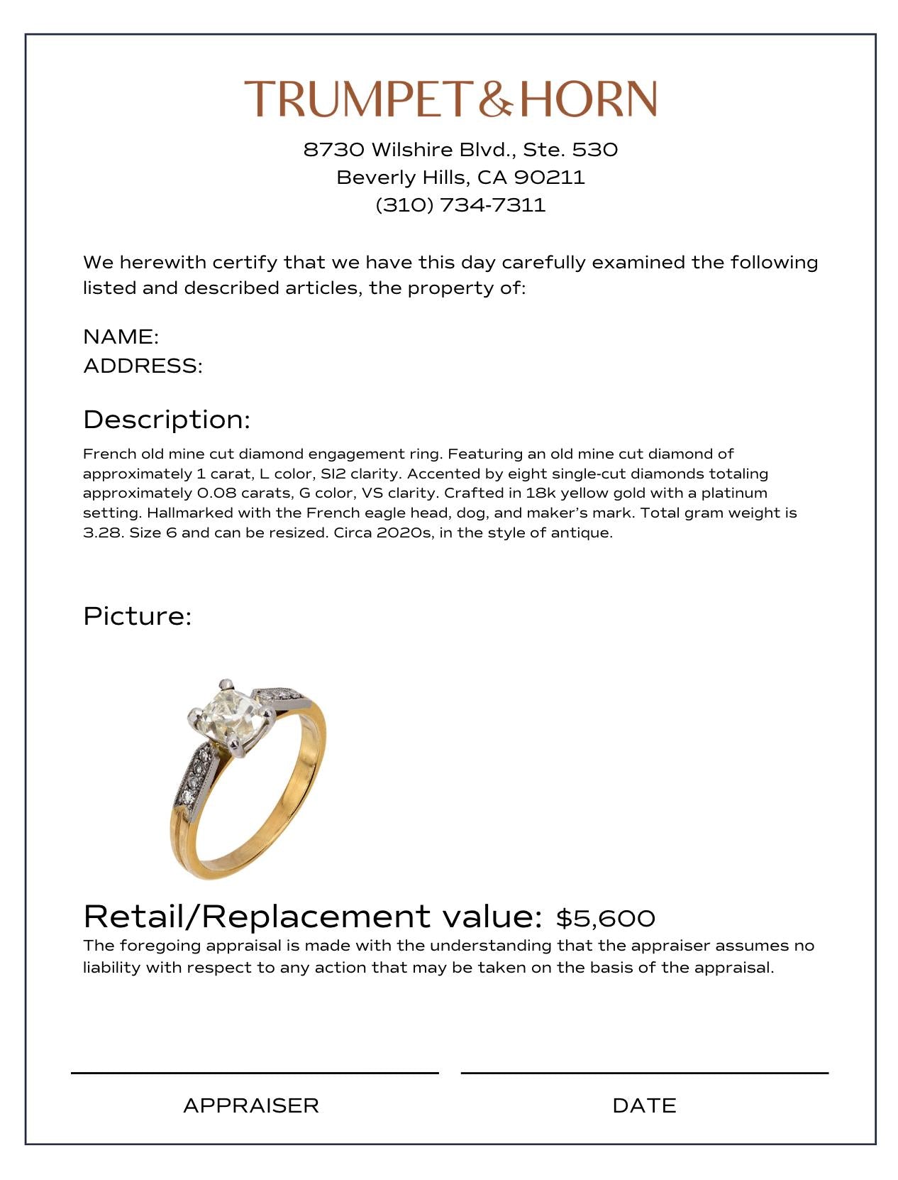 French old mine diamond 18k yellow gold engagement ring