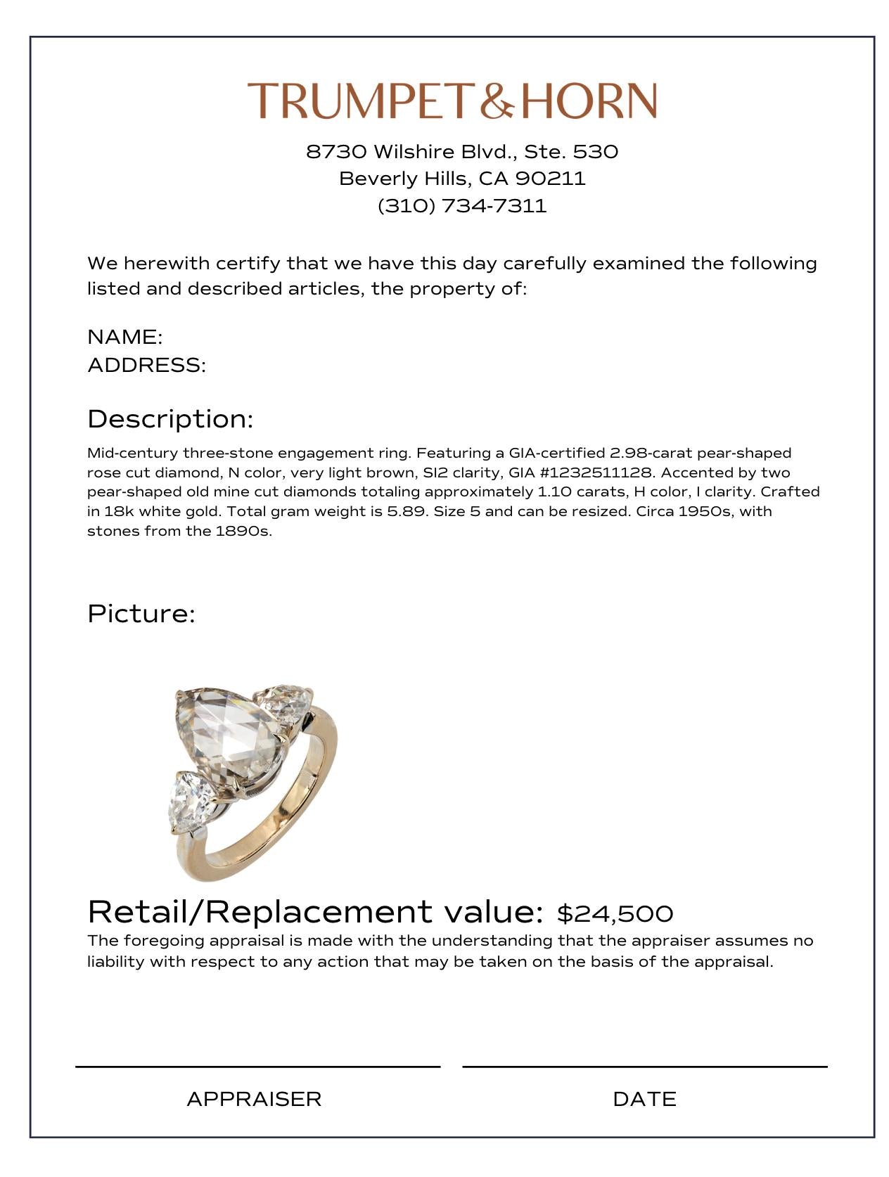 GIA 2.98 carat old cut diamond platinum three stone engagement ring