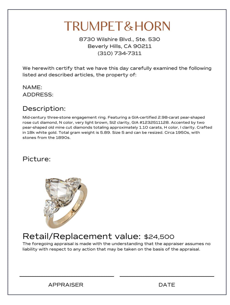 GIA 2.98 carat old cut diamond platinum three stone engagement ring