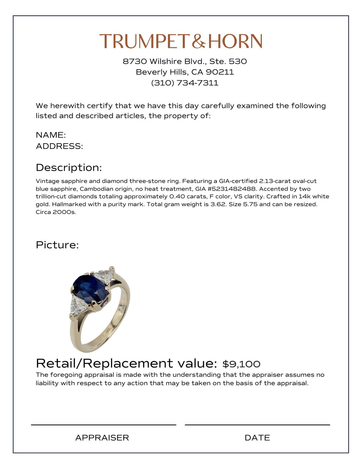 GIA 2.13 carat no heat sapphire diamond 14k white gold three stone ring