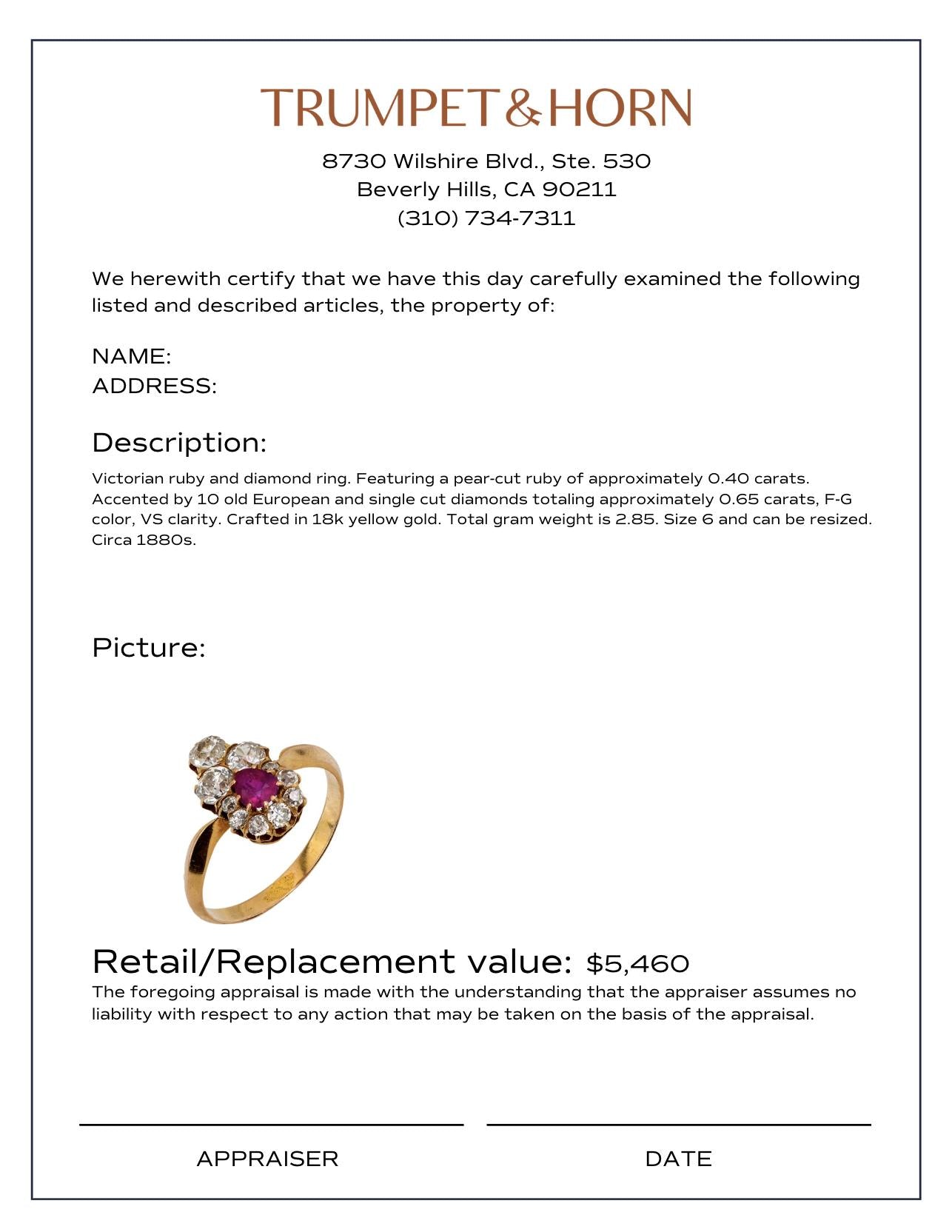 Victorian ruby diamond 18k yellow gold ring
