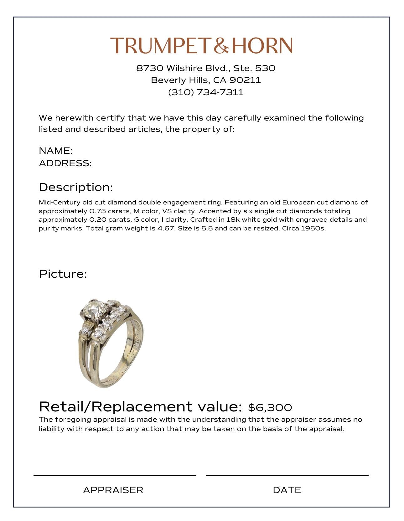 Mid Century old cut diamond 18k white gold engagement ring set