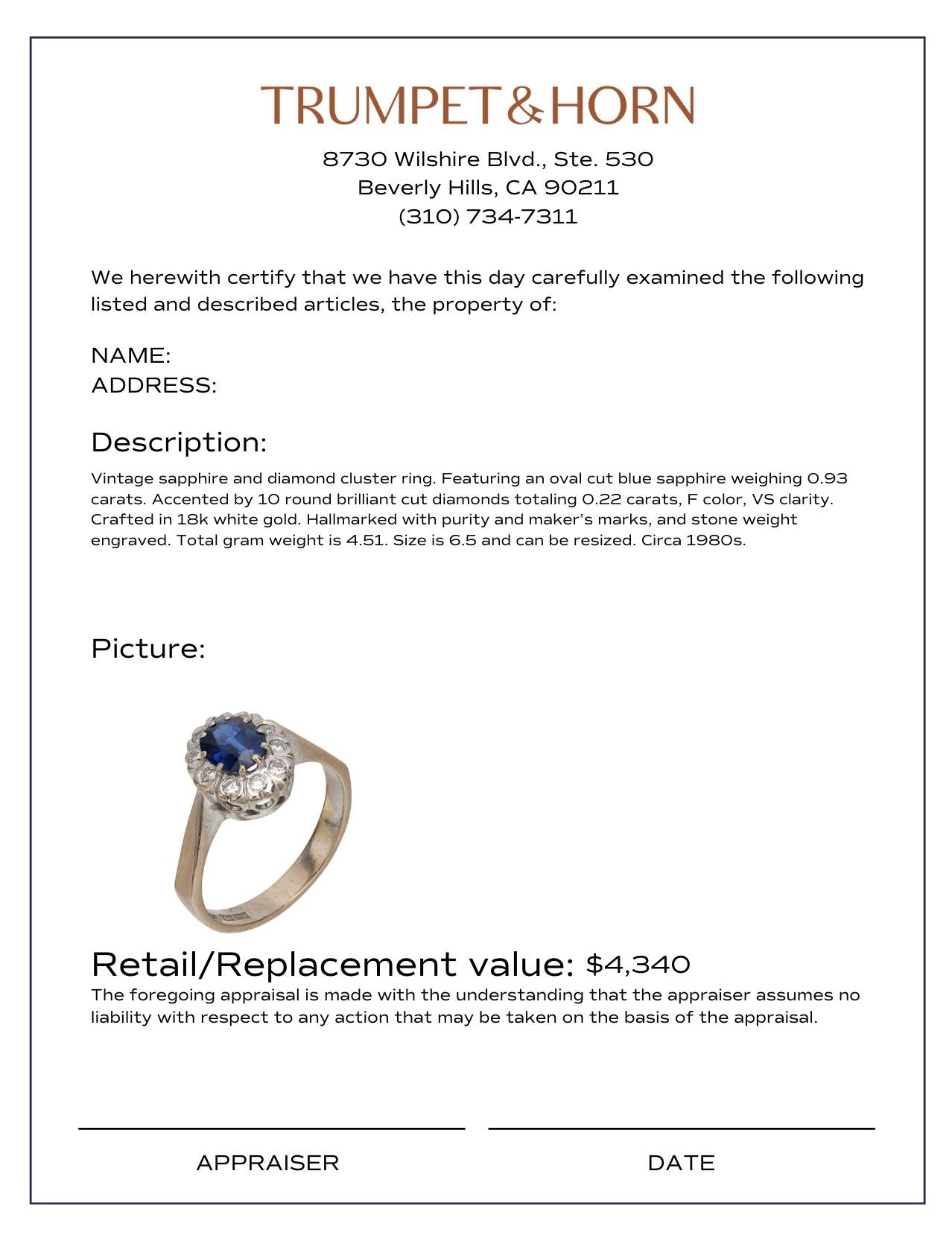 Vintage sapphire diamond 18k white gold cluster ring
