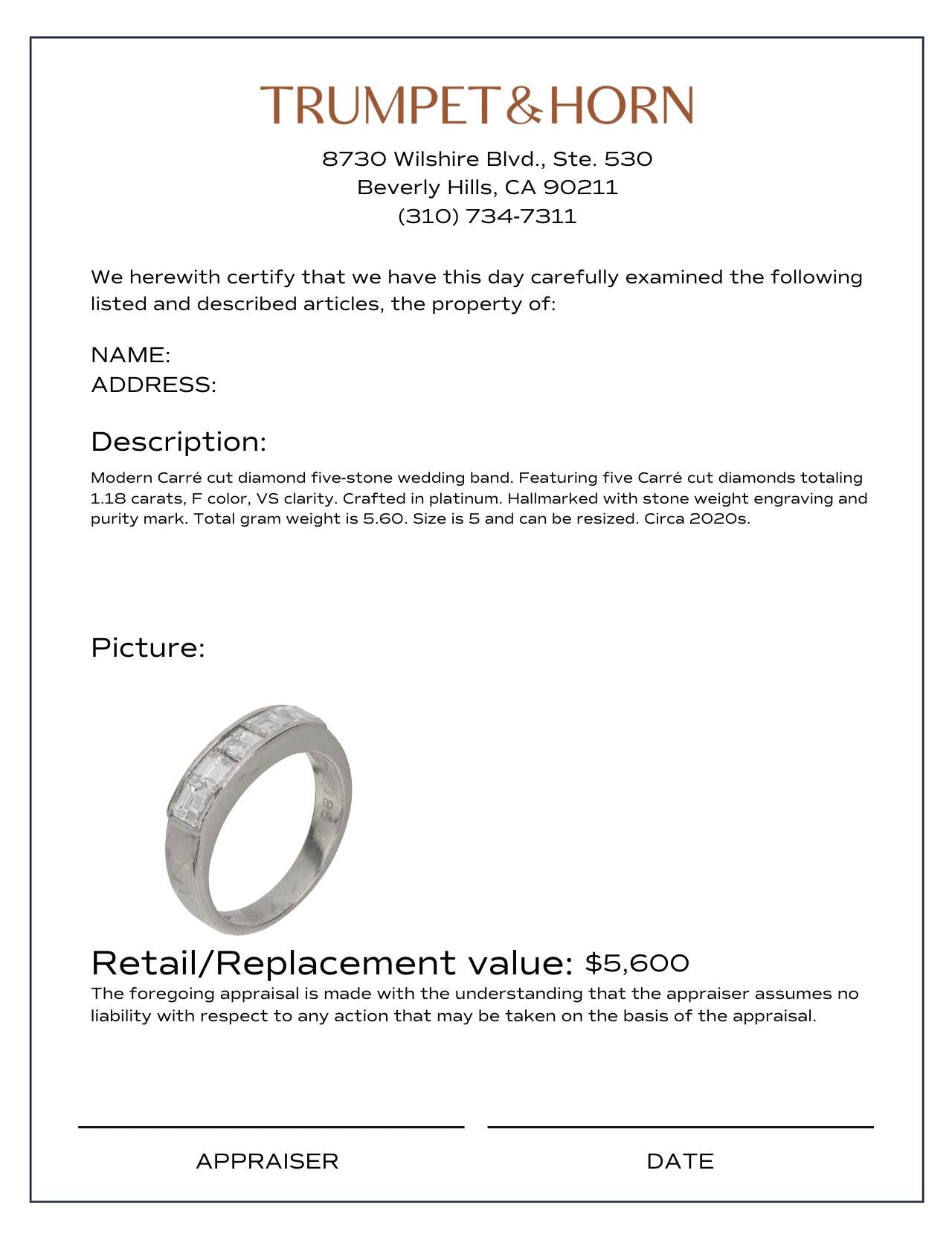 Modern Carré cut diamond platinum five stone wedding band