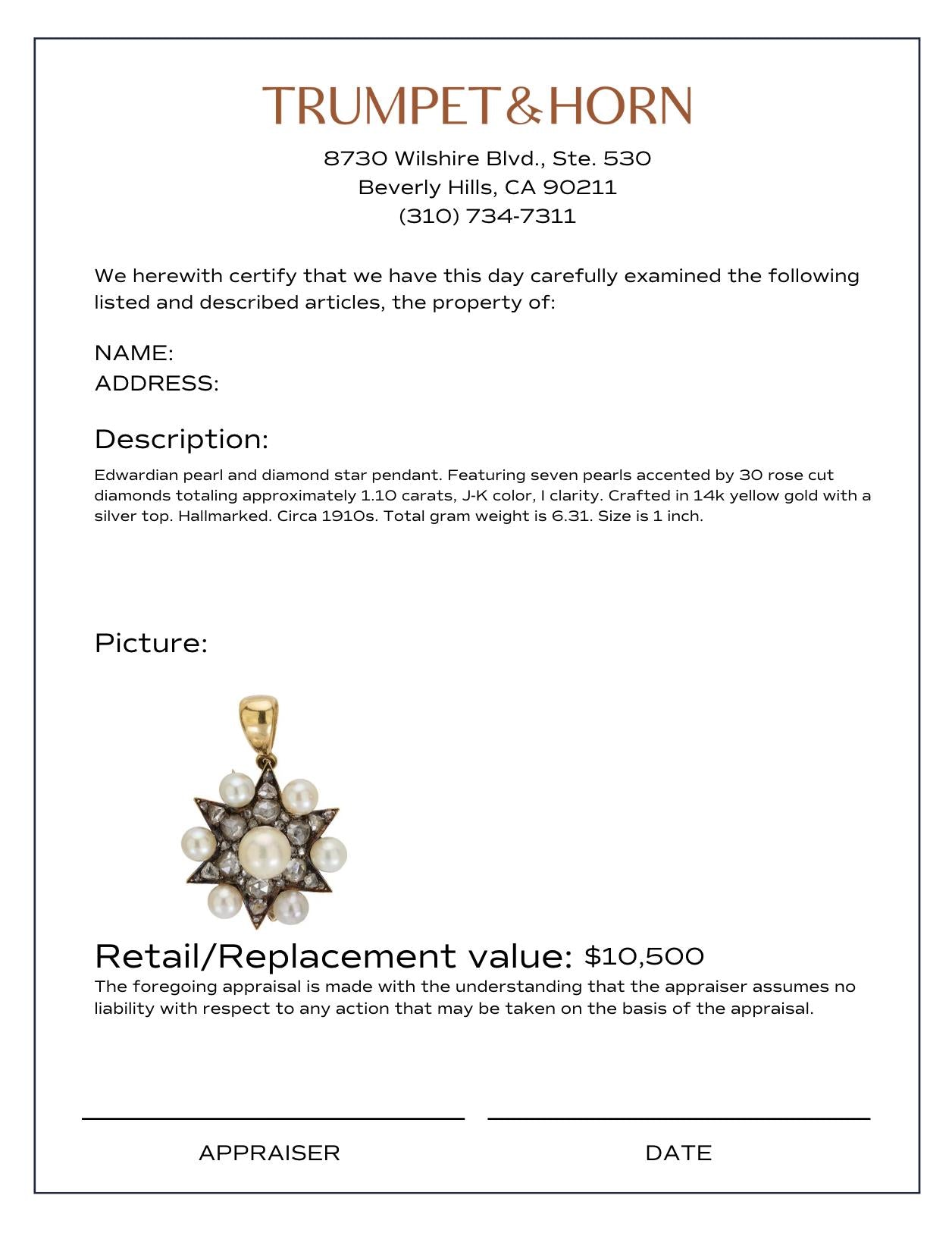 Edwardian pearl 1.10 carat diamond 14k yellow gold and silver star pendant