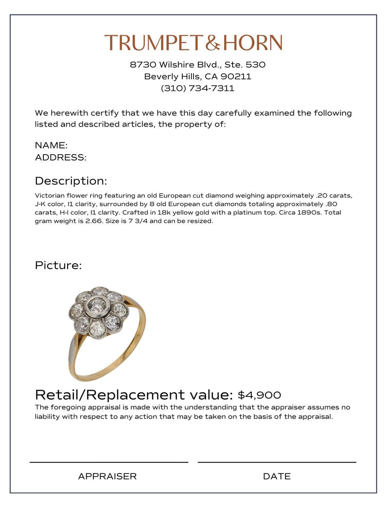 Victorian diamond 18k yellow gold and platinum flower ring